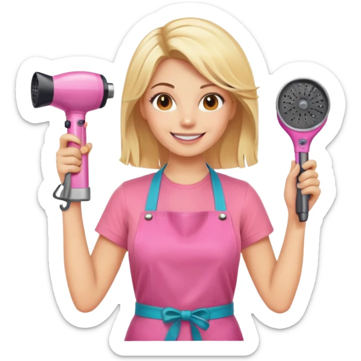 smiling blonde woman hairstylist, pink t-shirt, orange apron, hands raised, holding scissors and hairdryer sticker