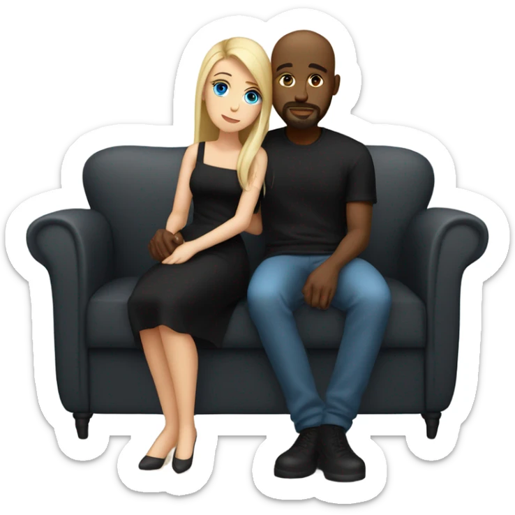 Blonde woman with blue eyes and long straight hair wearing a short black dress and a black man who is bald with a goatee seated together on a sofa enjoying a loving kiss.   sticker