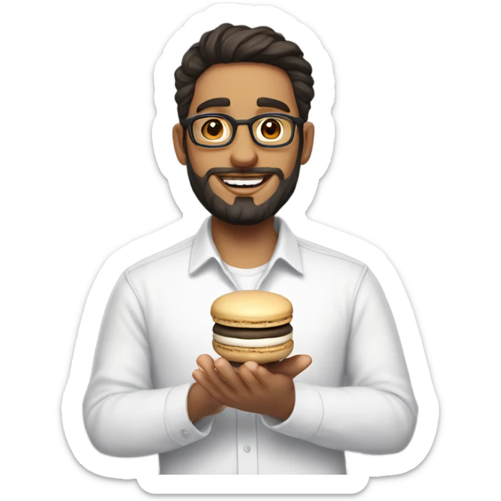 A light-skinned, nerdy man with dark hair and a beard holds a macaron in his hand and is wearing a basic white shirt. sticker