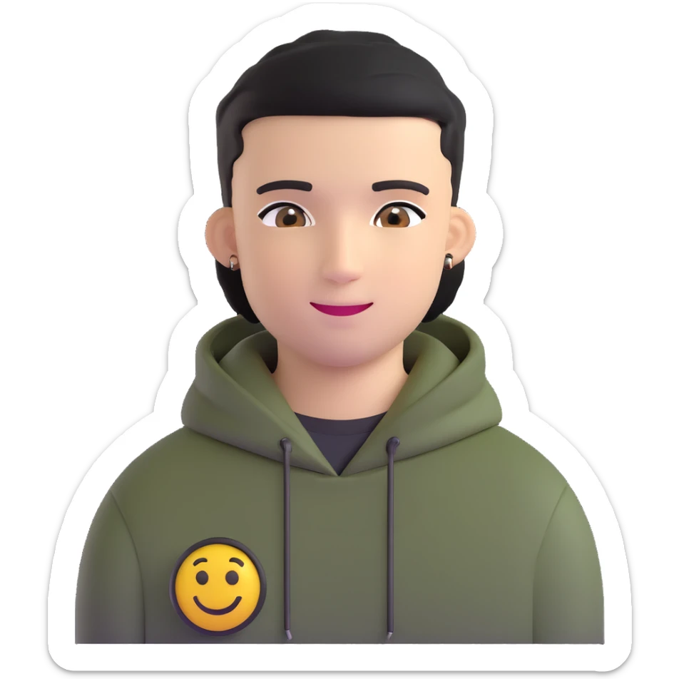 man with black military haircut, brown eyes, wearing 2 circle earrings and a black hoodie with a smiley face sticker