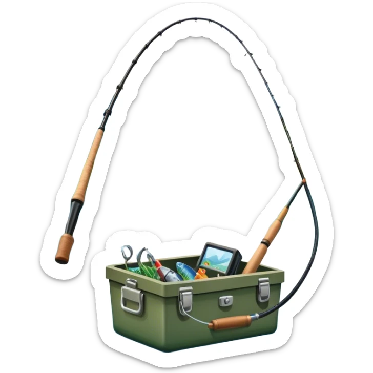 Icon for Fishing Travel: a boat on a calm lake surrounded by mountains and lush greenery, with fish jumping out of the water, a fishing rod, tackle box. The icon should capture the peaceful and adventurous nature of fishing trips. Transparent background. sticker