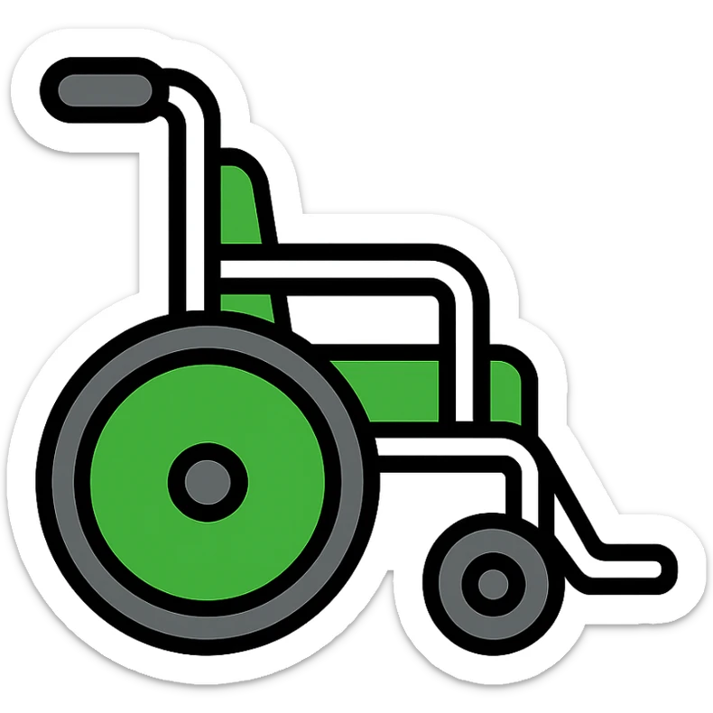 green wheelchair with metallic accents, minimal style, lineal color icon with black outlines sticker