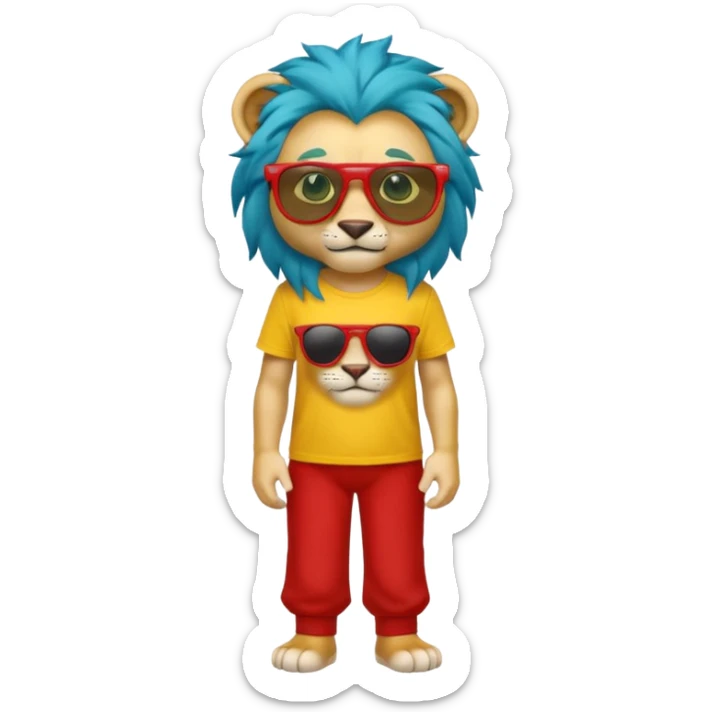 Güneş gözlüklü pantolonlu sarı kırmızı tişörtlü yeşil gözlü mavi saçlı aslan sticker
