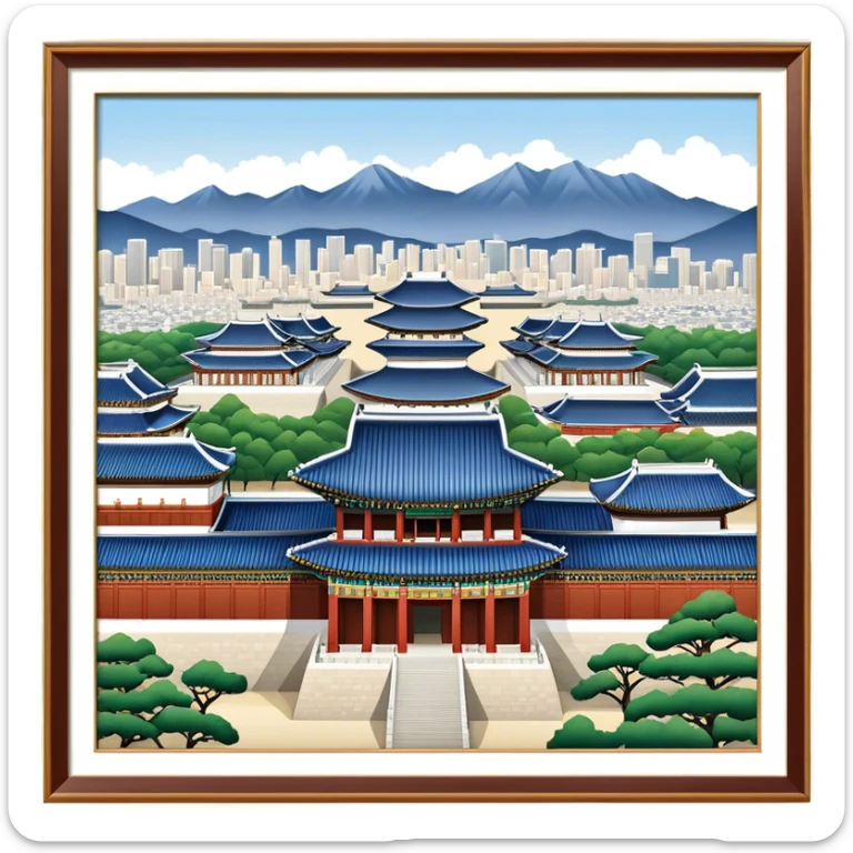 Cinematic Realistic Gyeongbokgung Palace Landmark Emoji, depicted with regal historic architecture rendered with intricate detail and majestic, dynamic lighting. sticker