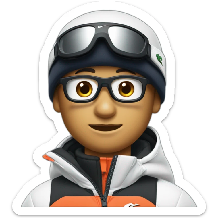 Un garçon blanc qui porte das lunettes de ski, il a les cheveux noirs, un survetement de lacoste et une casquette nike sticker