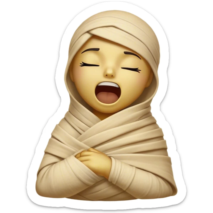 Cinematic Cute Yawning Mummy Portrait Emoji, with a snug, slightly askew bandaged form in warm, faded tones with gentle golden accents, head tilted back in a big, sleepy yawn revealing cute hints of ancient charm, simplified yet adorably detailed, glowing with a soft, nostalgic radiance and a gentle outline that captures a mummy’s tender need for rest! sticker