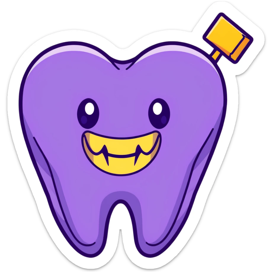 cartoon face with purple heart eyes, smiling with a tooth gap and a gold tooth on the side, brown background sticker