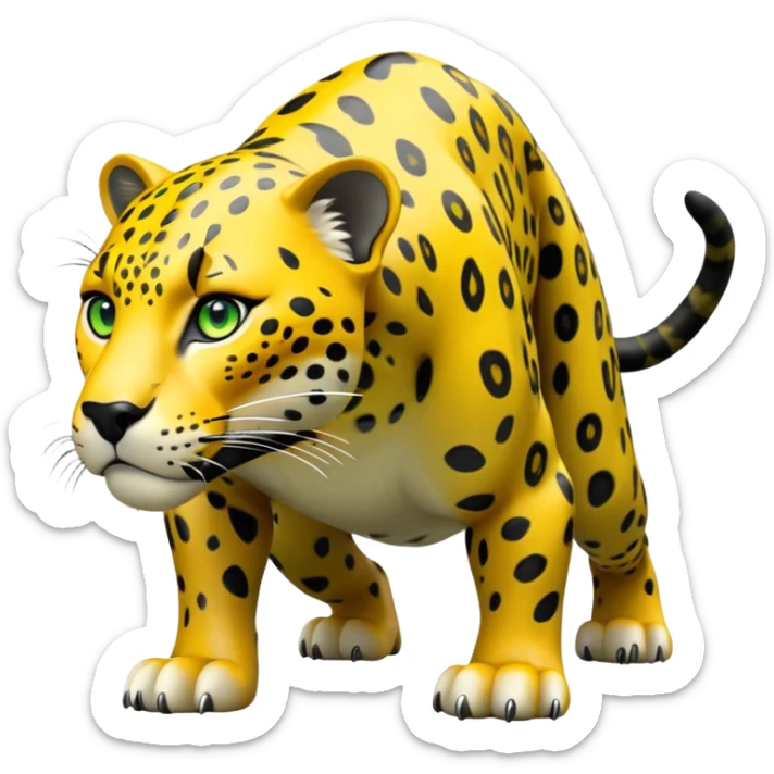 cinematic-jaguar-realistic-full-body-on all fours-emoji,-sleek-powerful-frame-poised-for-action,-yellow-fur-adorned-with-bold-black-rosettes,-head-tilted-dramatically,-piercing-green-eyes-locked-onto-its-prey,-simplified-yet-realistic-focused-features,-highly-detailed,-glowing-with-an-almost-sarcastic-glow sticker