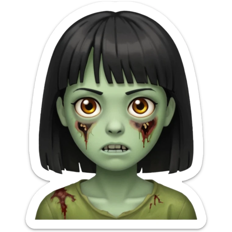 Uma zumbi com os cabelos pretos, mediano, liso e com franja, olhos castanhos sticker