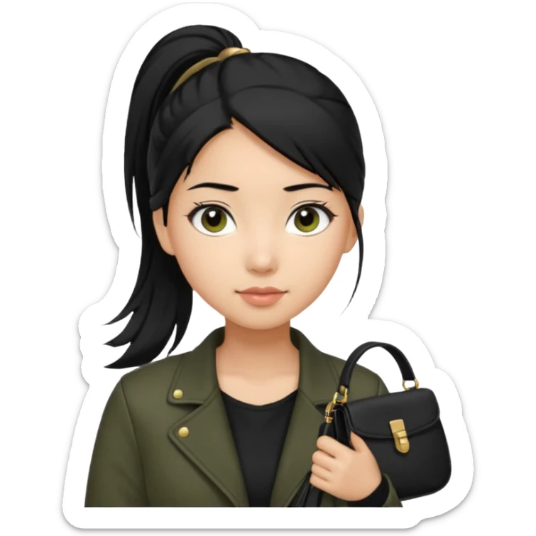 A girl with a pony tail black hair and olive skin, Asian eyes, with a black jacket and a black purse  sticker