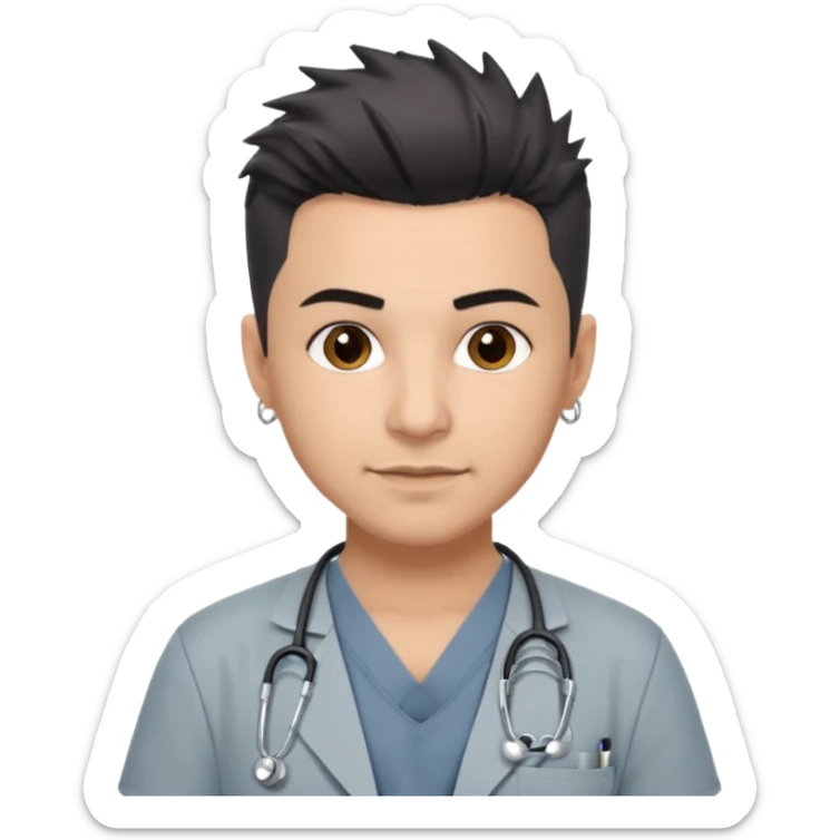 Dr. Efrén Rivera Santiago, a doctor with short spiked hair, gray scrubs, tattoos, and hook earrings, exudes professionalism and warmth. sticker