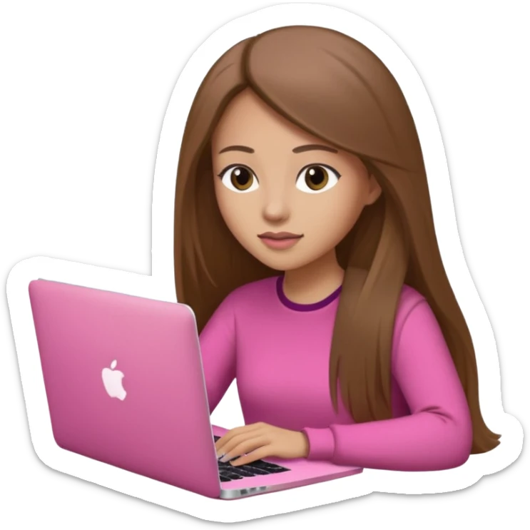 Mujer lacia peli larga y peli larga  en una MacBook rosa investigando y haciendo tareas con un libro de apuntes y con cara muy linda como modelo sticker
