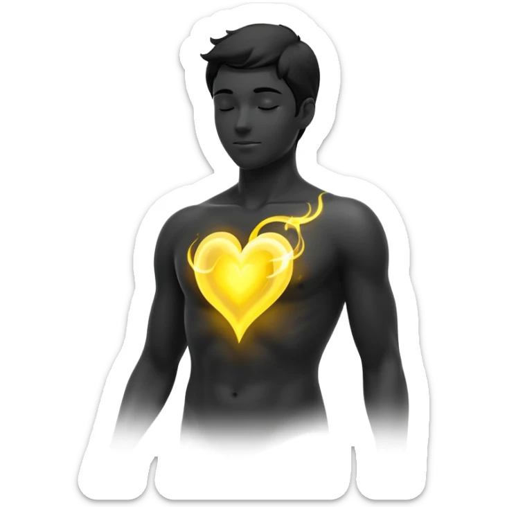 minimalist b&w male silhouette with flowing black-and-white curves across the lower body, now overlaid with a small, softly glowing spark or radiant light near the chest or head — heart symbolizing inspiration, inner fire, and creative energy awakening” yellow glow sticker