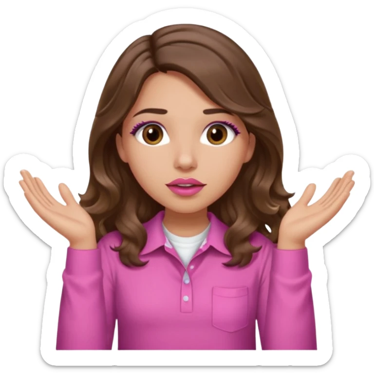 girl with long wavy brown hair, brown eyes, light to medium complexion, in a pink shirt, pink lips, long lashes, puckered lips, both hands all the way up for worship sticker