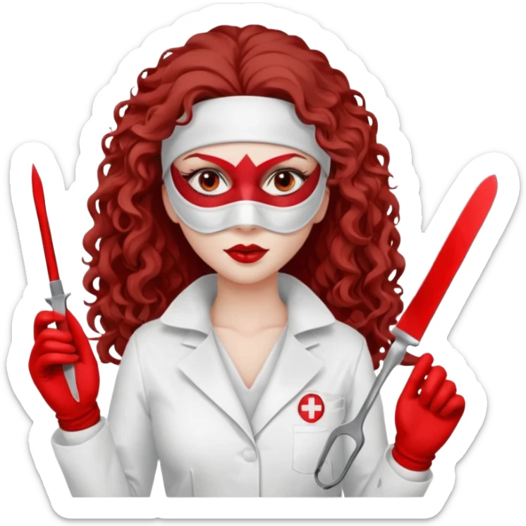 


Scary woman scalpel in hand, evil surgeon sexy surgeon clothes.  She has redcolored  eyes. Her  hair only is free ne brown long curly hair. Wears sexy doctor outfit with red gloves. make her wear full ski mask yo mask and nose mask  to hide. Wears white surgeon coat, wears  stilettos sticker