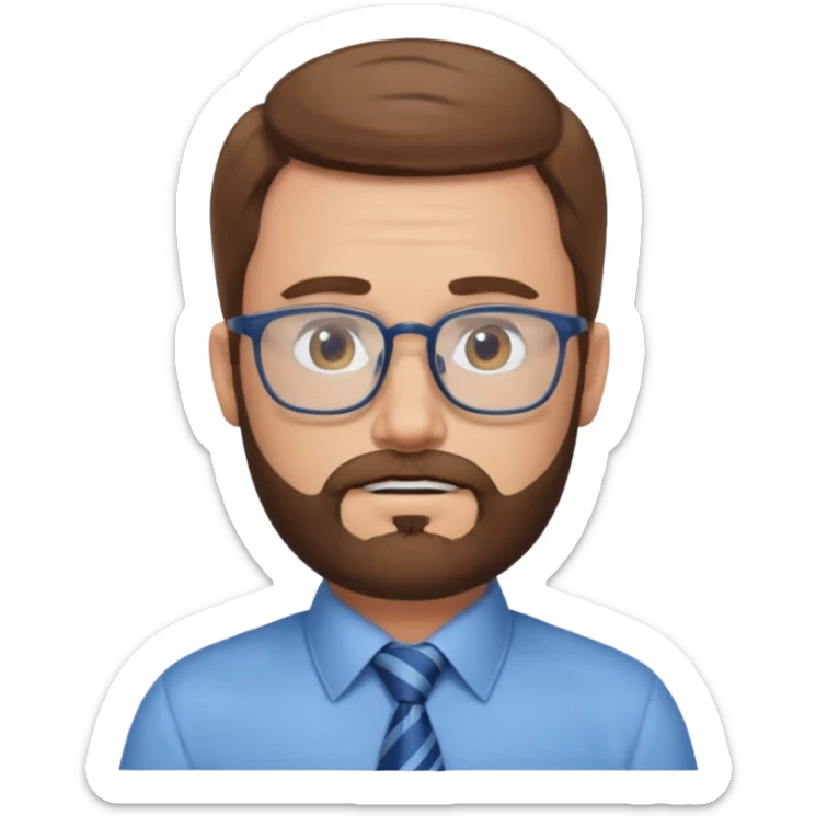 white-man-businessman-with-beard, brown hair, glasses, blue shirt, tie sticker