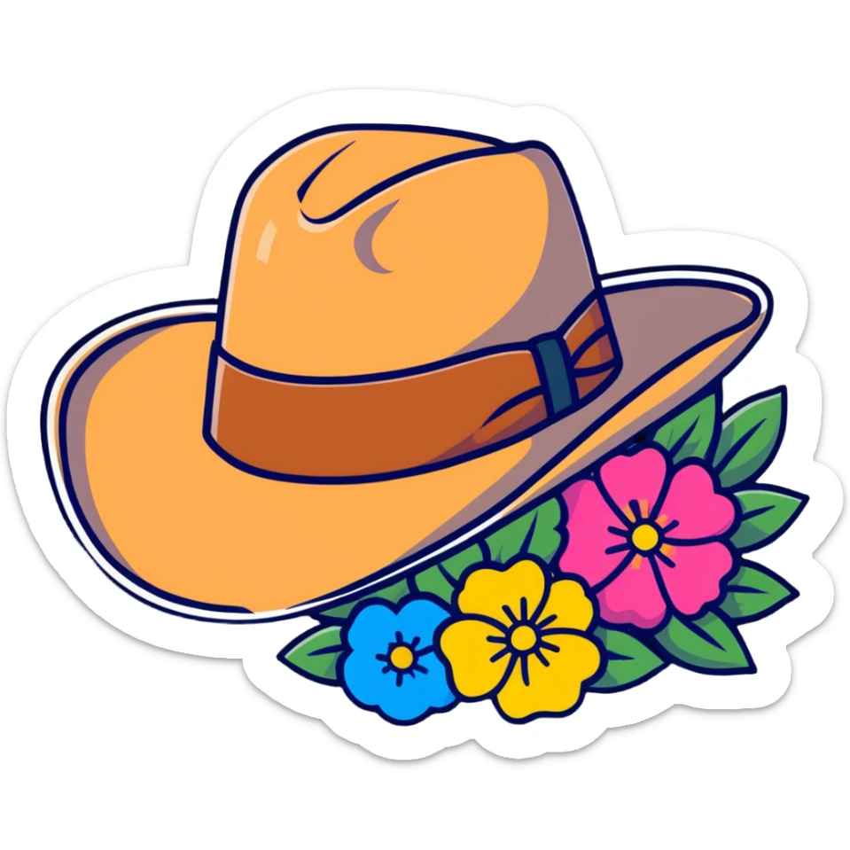 Cowgirl hat with wildflowers, colorful floral arrangement on a tan cowboy hat sticker