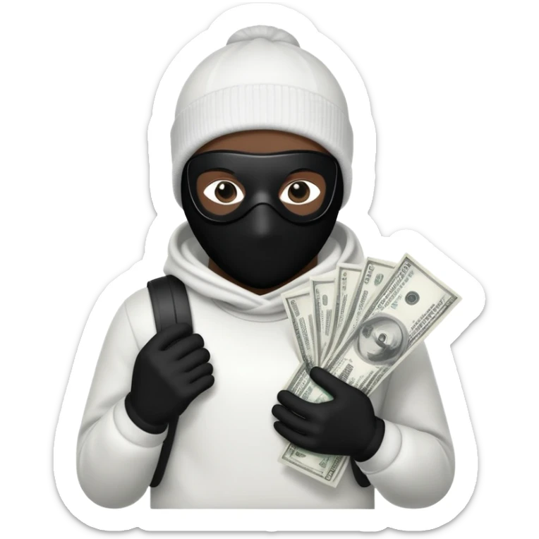 Ski mask holding money bag with black skin color black and white money bag sticker