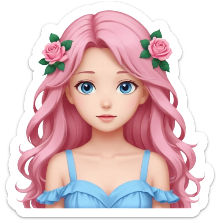 Gorgeous pastel anime lady with roses in long hair and pink dress with blue eyes sticker
