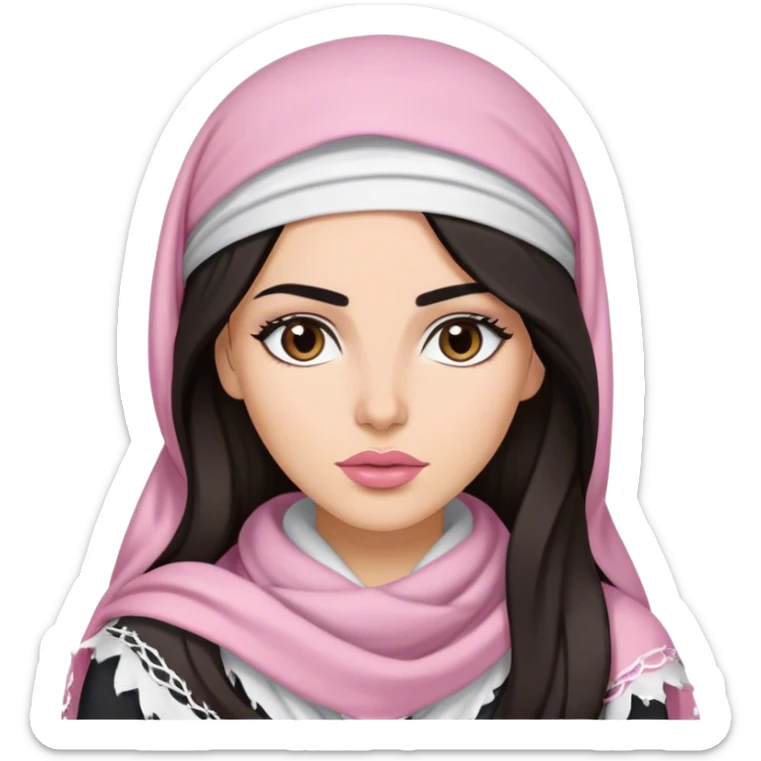 A woman with long, dark hair wears white keffiyeh, giving her a graceful and cultural look. Her makeup is well-done, with defined eyebrows and soft pink lips, enhancing her striking features. The dim lighting and blurred background create a warm, intimate atmosphere. sticker
