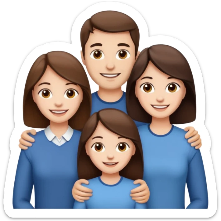 happy pale white  four person family with one brown hair dad, one brown hair mom, one dark brown girl, and one brown hair girl sticker