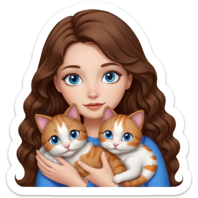 girl with long wavy brown hair, blue eyes, long lashes makeup, cuddling with 6 cute cats sticker