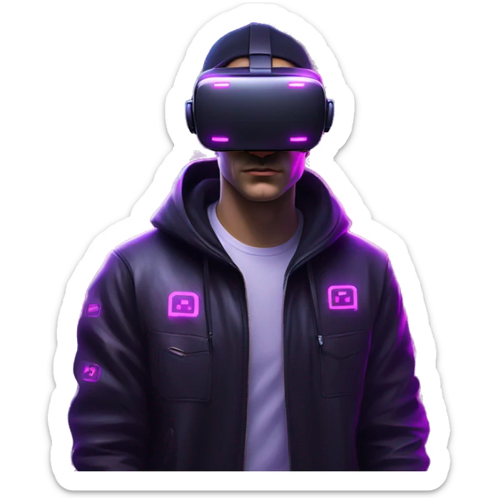 Russian man wearing a black hoodie with "OMG" letters on it and VR headset in a cyberpunk VR environment with violet neon lighting. sticker