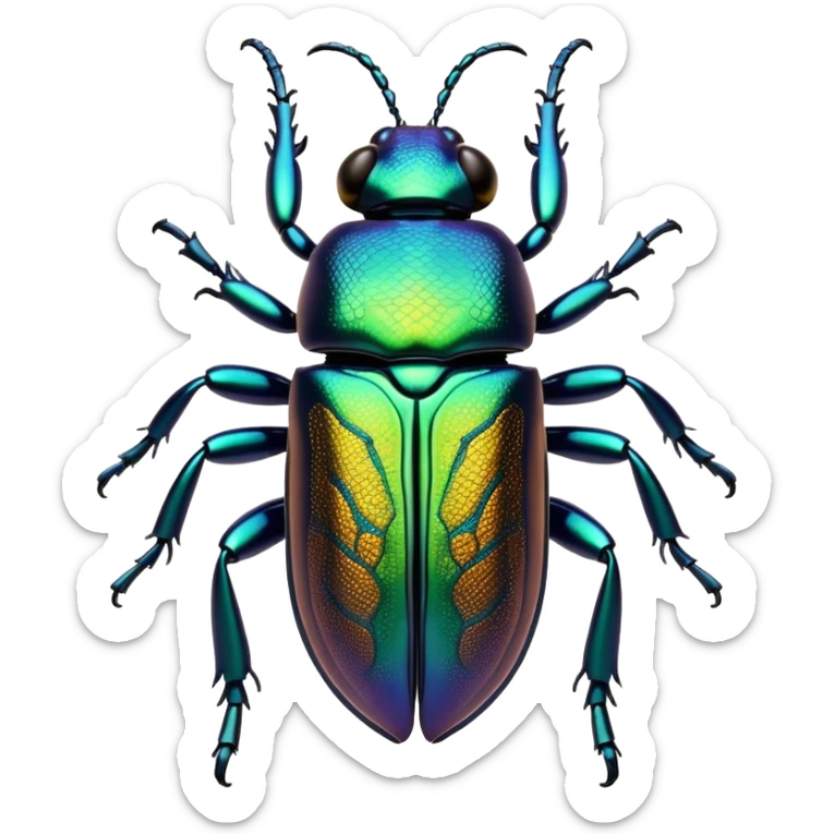 Cinematic Noble Beetle Portrait Emoji, Poised and robust, with a shiny, metallic exoskeleton in deep, iridescent hues and intricately detailed patterns, sharp, focused eyes and a sturdy, commanding form, Simplified yet sharply defined features, highly detailed, glowing with a cool, reflective luminescence, high shine, intelligent and resilient, stylized with an air of natural armor, focused and alert, soft glowing outline, capturing the essence of a watchful beetle that appears ready to crawl out of the screen with effortless strength! sticker