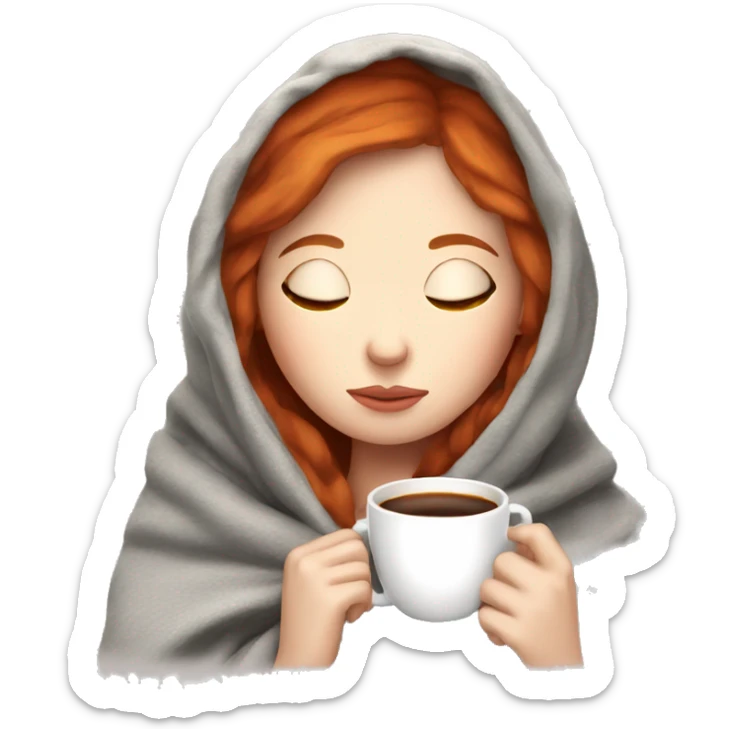 girl inside a blanket sipping coffee eyes closed pale skin red hair sticker