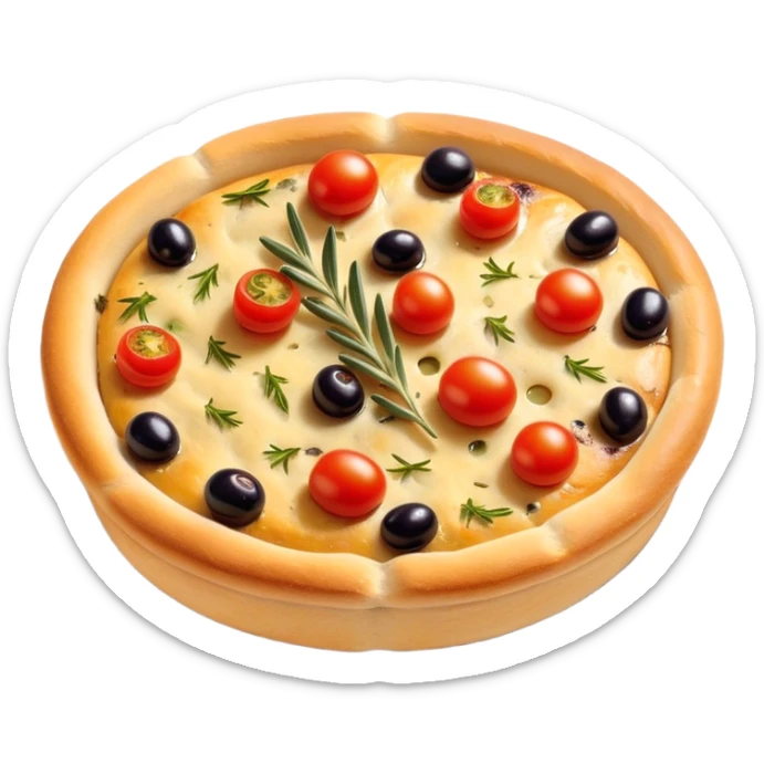 cinematic-realistic-isometric focaccia-bread-dish-emoji,-depicted-as-a-golden,-olive-oil-brushed-flatbread-sprinkled-with-herbs-rendered-with-lifelike-texture-and-soft,-appetizing-lighting showing olives on top and the cherry tomatoes sticker