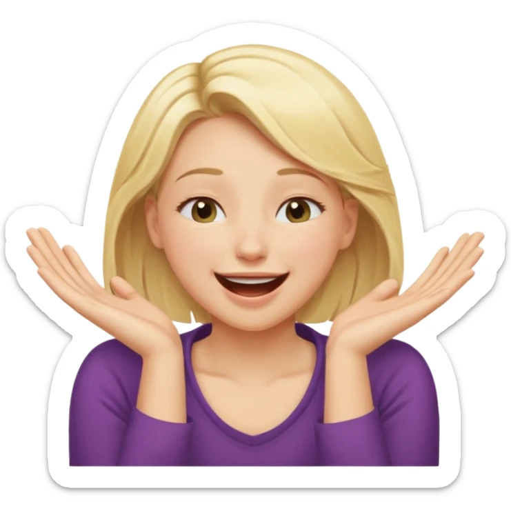 Happy blonde girl with eyes closed and mouth wide open and hands cupped around her neck - her eyes are squinty with excitment mo sticker