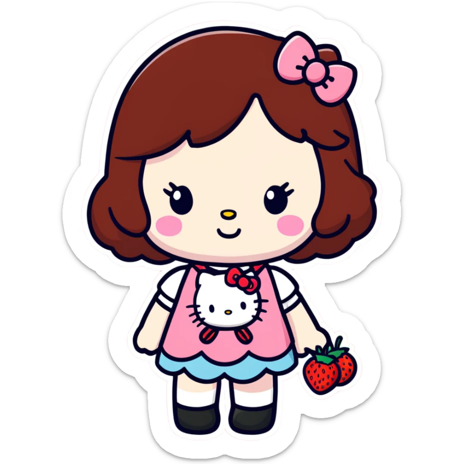 Strawberry shortcake hello kitty girl with dark brown hair and freckles  sticker