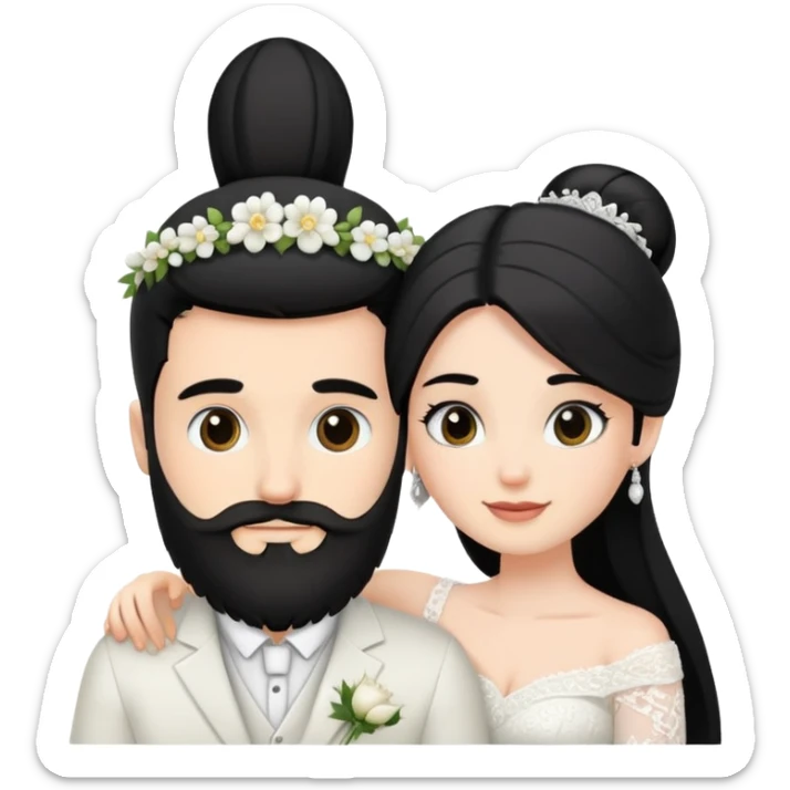 couple of newlyweds hugging, white skin man with black hair and beard; white skin woman with long black hair and black eyes sticker