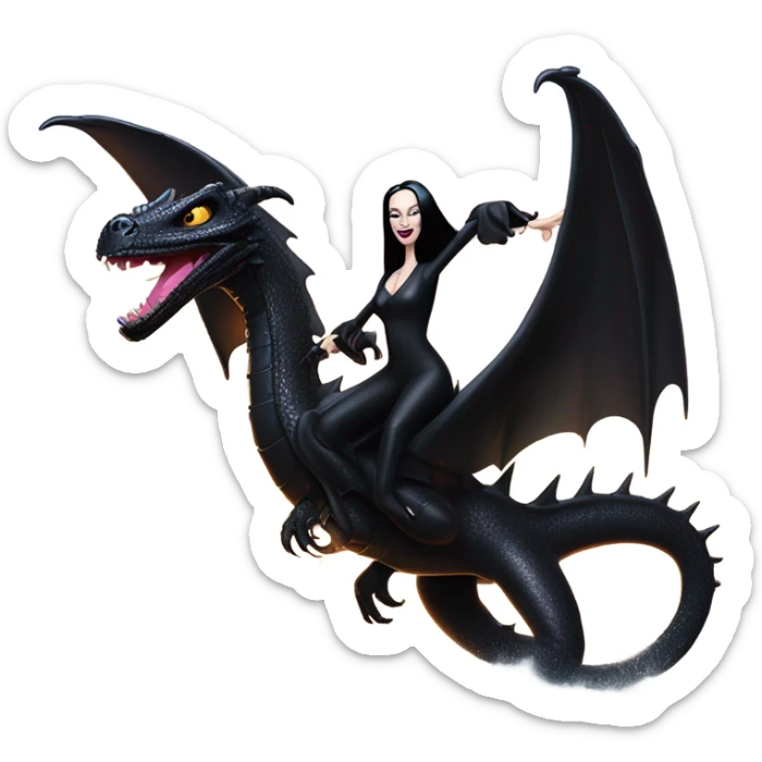  beautifully dressed teen Morticia Addams beach Barbie Jedi flying on the back of a very large black shiny evil-looking fire-spewing dragon. proper scale sticker