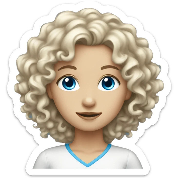 A white girl with curly hair and blue eyes is working on a laptop sticker