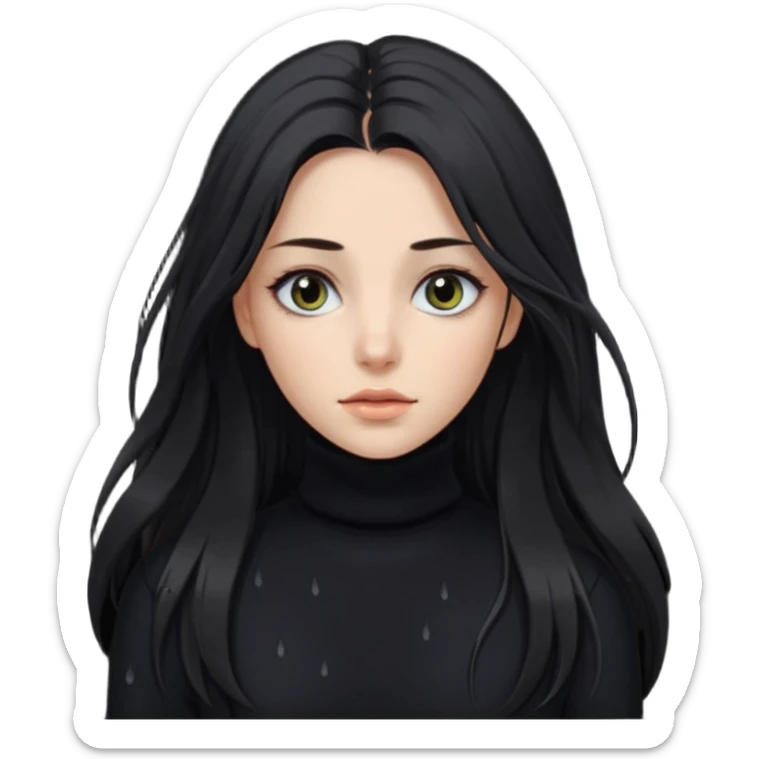 Mujer pelo oscuro y muy largo con unos mechones saliendo ojos oscuros y muy atractiva y con jersey de invierno de cuello vuelto sticker