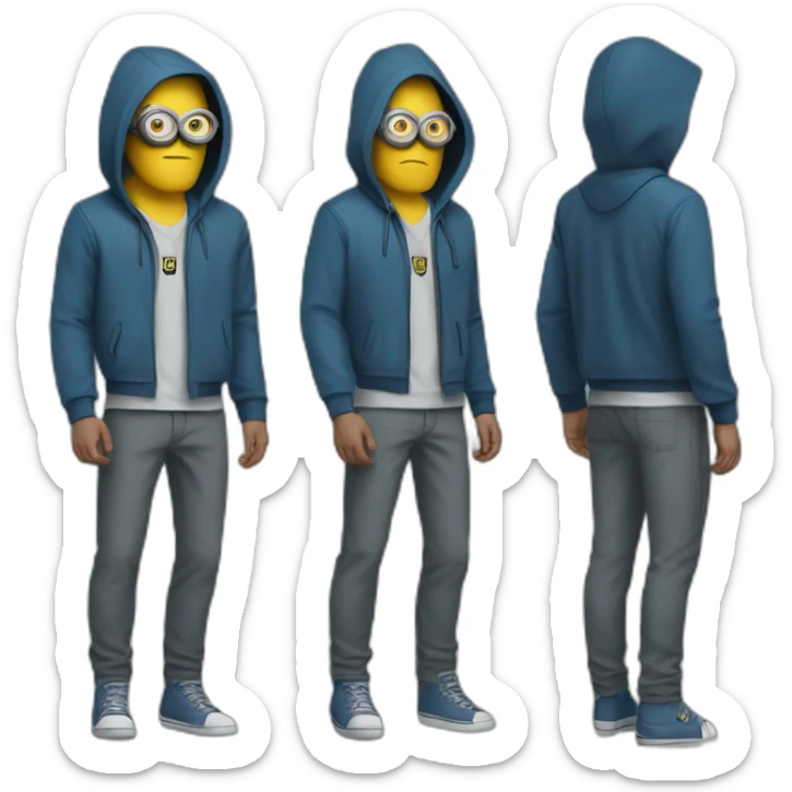 minion blue hood blue shirt gray pants with gold insert belt leather shoes black mask three stripes claw marks glasses angry glance sticker