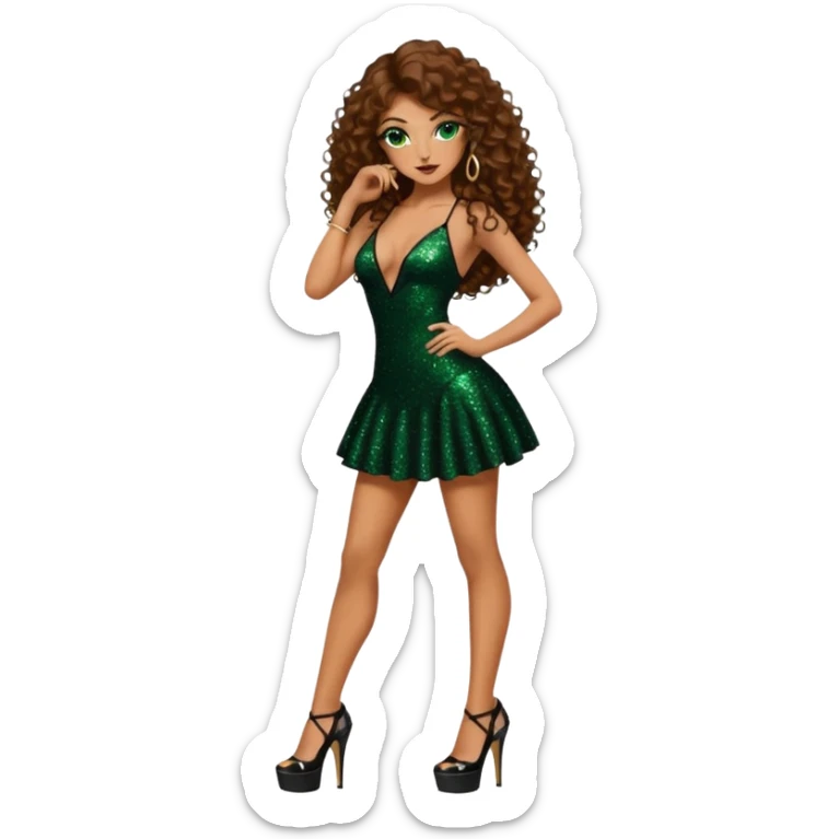 green eyes brown long curly hair woman, mafia boss style with 7 inch platform stripper high heels black glitter dress, Los Angeles Spanish style black outfit sticker