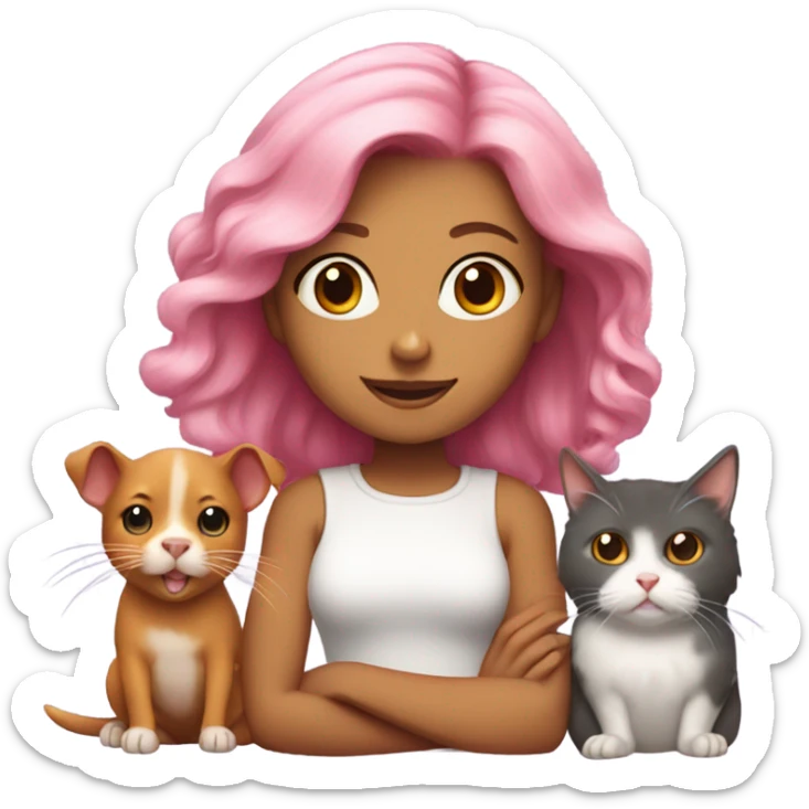 Animal lover girl, dog plus cat tan skin pink hair hamster, rats sticker
