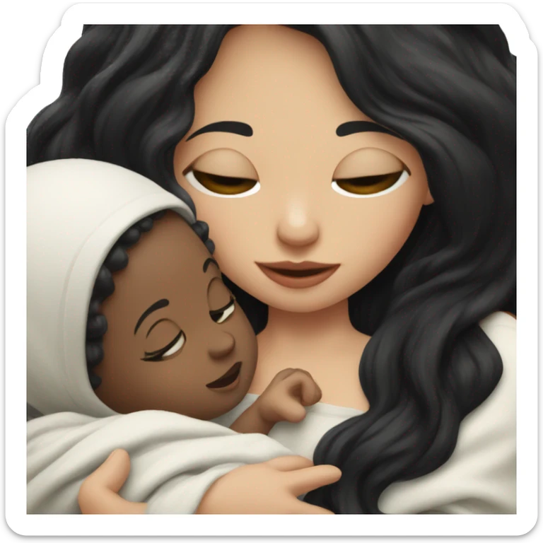 Pale girl with long black hair is holding a newborn baby sticker