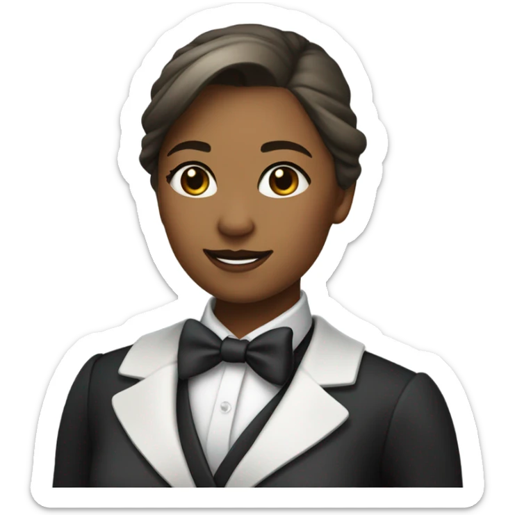 a female butler with a professional and elegant demeanor. She has her hair neatly tied in a ponytail and wears a classic butler uniform, including a tailored vest, crisp white shirt, and bow tie. sticker