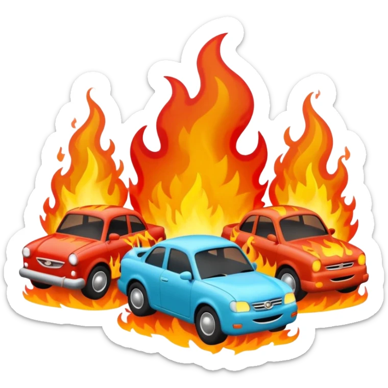 A 3D cartoon scene of cars on fire with smoke rising, chaotic atmosphere, realistic lighting, Memoji-style. sticker
