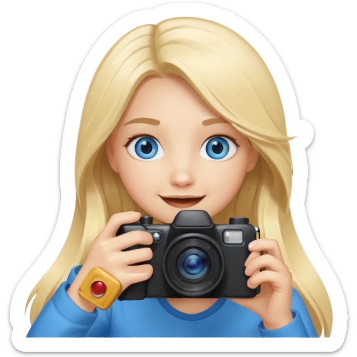  blue eyes blonde girl photographer cartoon taking picture in middle of taking picture camera in front of face long hair smiling funny flash professional, camera in front of face sticker