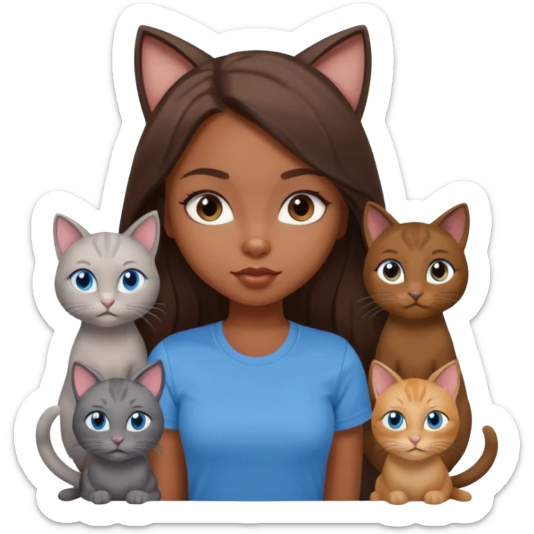 a pretty bratz dusky girl with long brown hair, blue eyes with six cats nd wearing a grey tshirt sticker