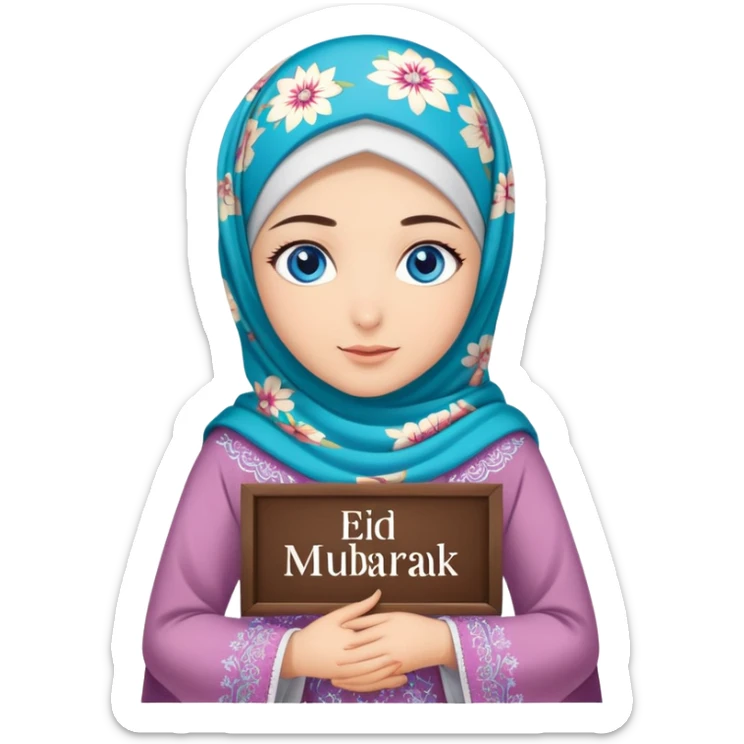 Turkish beautiful finish Konya girl blue eyes with floral hijab dress islamic dress and had on her hand text Eid Mubarak  sticker