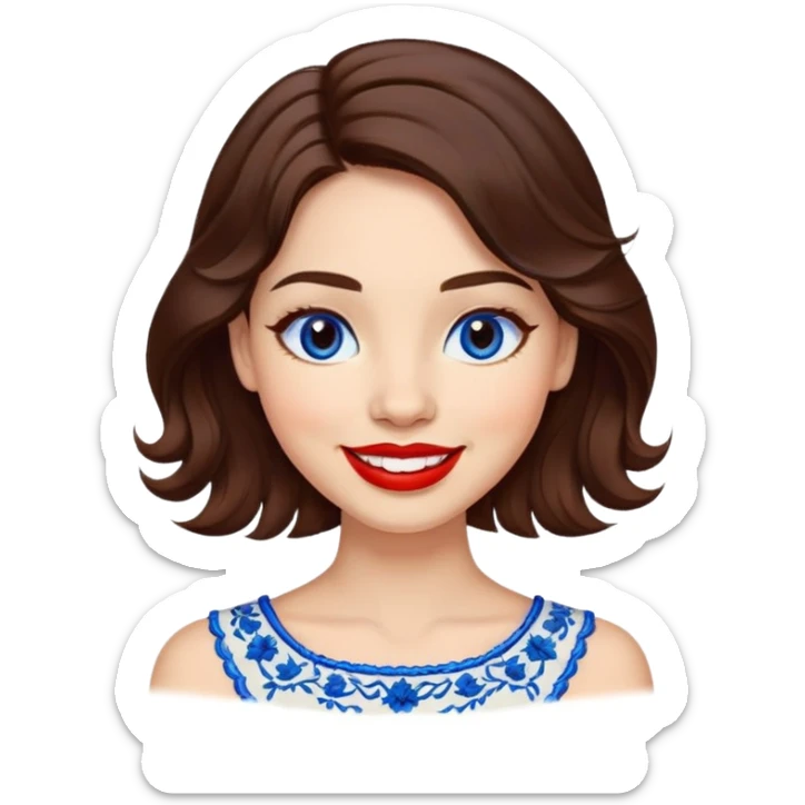 Cheerful woman with clear skin, round face, wide friendly smile, big light brown eyes, vibrant red lipstick, shoulder-length wavy dark brown hair, white top with blue embroidery and electric blue neckline sticker
