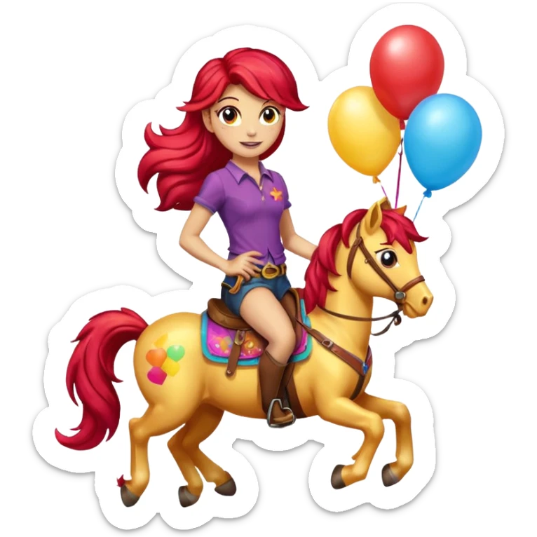sunset shimmer mlp holding colorful balloons tied to its saddle, looking cheerful. sticker