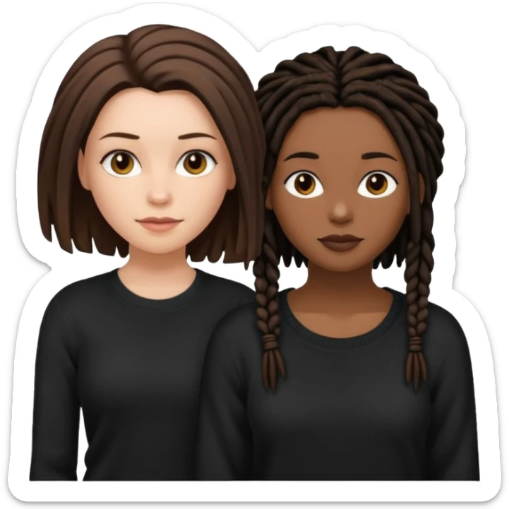 white woman brunette with very short hair and a black top. And black woman with long dread locks with a black sweater  sticker