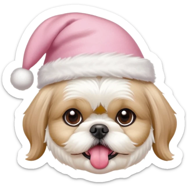 one white all over little shih tzu dog with tongue hanging out sitting with light pink christmas hat sticker