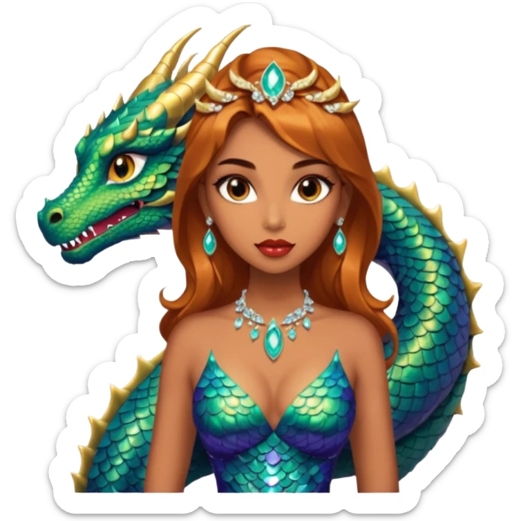 A gorgeous woman with dragon featured with glittering jeweled scales covering her body. She has large almond shaped eyes, lush lips, and she wears a stunning luminescent gown. sticker